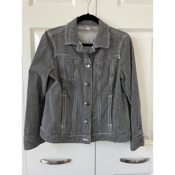 Chico's Womens Cotton Stretch Denim Stripe Jacket Sz 1P 8/10 Petite - Picture 1 of 6